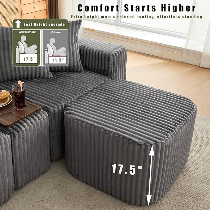 Oversized Cloud Modular Sectional Sofa Boneless Couch with Movable Ottomans,Free Combination Memory Foam Floor Couch with Charging Port & Cup Holders for Living Room | Coffee Table Board, Wireless Charge, No Assembly
