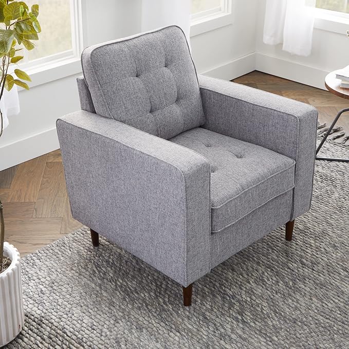 Edenbrook Lynnwood Upholstered Accent Chair - Living Room Furniture - Office - Bedroom - Mid-Century Modern Design - Armchair - Buttonless Tufting - Simple Assembly - Solid Frame - Light Gray