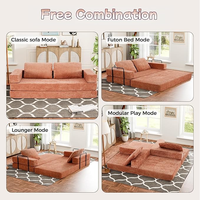 Convertible Sofa Bed, 4-in-1 DIY Combination Boneless Sleeper Sofa Bed with Pillows, Comfy Modular Couch with Fixed-Shape Frame, Chenille Convertible Lounge Couch for Living Room, Orange