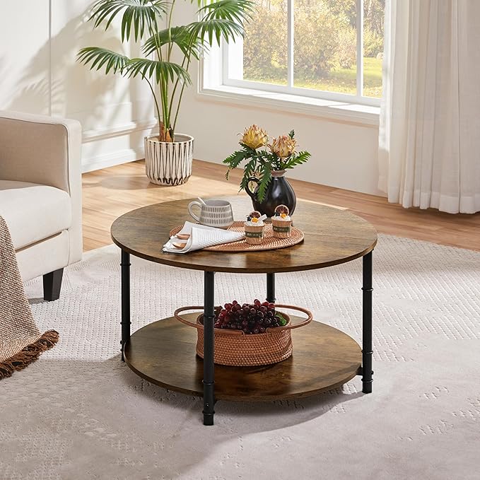 Yaheetech Round Coffee Table with Storage Shelf, 2 Tier Wood Coffee Table for Living Room Modern Accent Center Tables with Easy Assembly 31.5 x 18 Inches