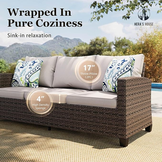 HERA'S HOUSE Swivel Glide Patio Furniture Set with 56" Fire Pit Table, 6 Pieces Outdoor Wicker Sectional Conversation Sofa Sets for Lawn Backyard Deck, Beige