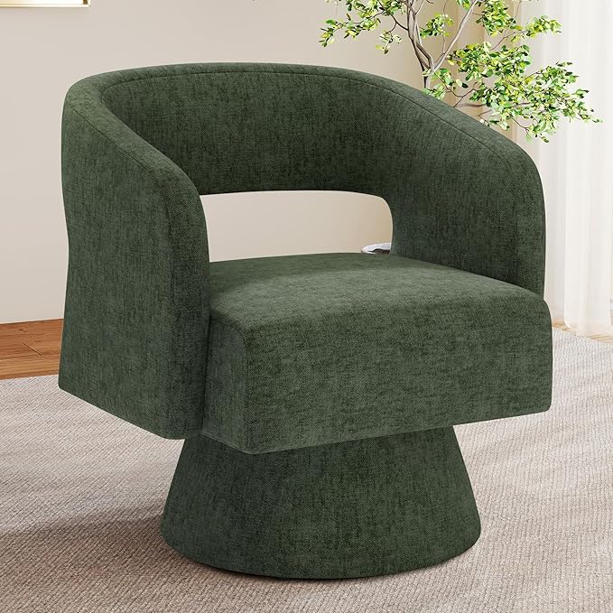 Nebuaegis Swivel Accent Chair, Modern Comfy Chenille Barrel Chairs, Oversized Upholstered Round Arm Chair for Living Room, Bedroom, Reading Room, Green, 1 PCS