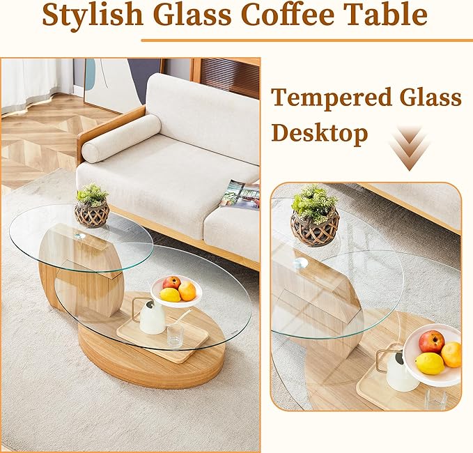 Ebullient Glass Coffee Table, 47" Oval Coffee Table, 2-Tier Glass Tabletop with Light Wood Base, Easy to Maintain and Assemble, Ideal for Dining Room, Living Room