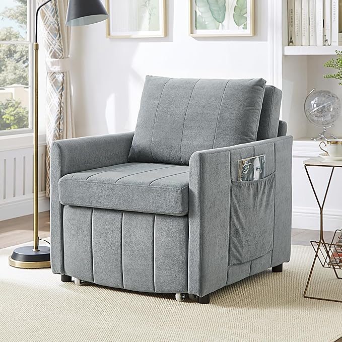 Merax Modern 3-in-1 Convertible Sofa Bed Pull-Out Sleeper Lounger with 5-Position Adjustable Backrest, Upholstered Single Recliner with Side Pockets & Storge Basket for Small Space Grey