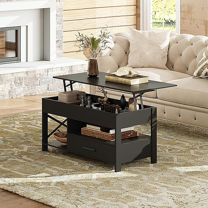 WLIVE Coffee Table, 39" Lift Top Coffee Table with Hidden Compartment, Storage Drawers and Storage Shelf for Living Room, Reception Room, Black