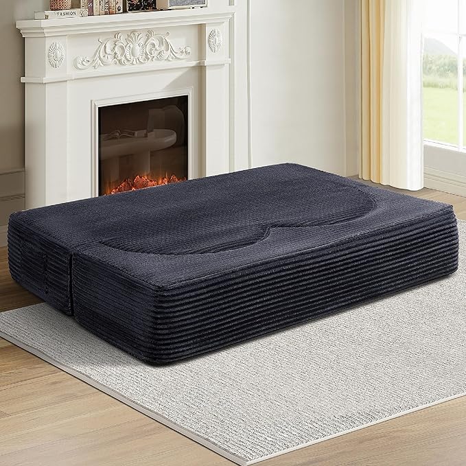 KEIKI 79" Convertible Floor Sofa Bed, Fold ‌Teddy Sleeper Cloud Couch with Storage & Deep Seat, Comfy Upholstery Curved Boneless Futon Couches, 2-in-1 Sofas for Living Room Bedroom, No Assembly, Black