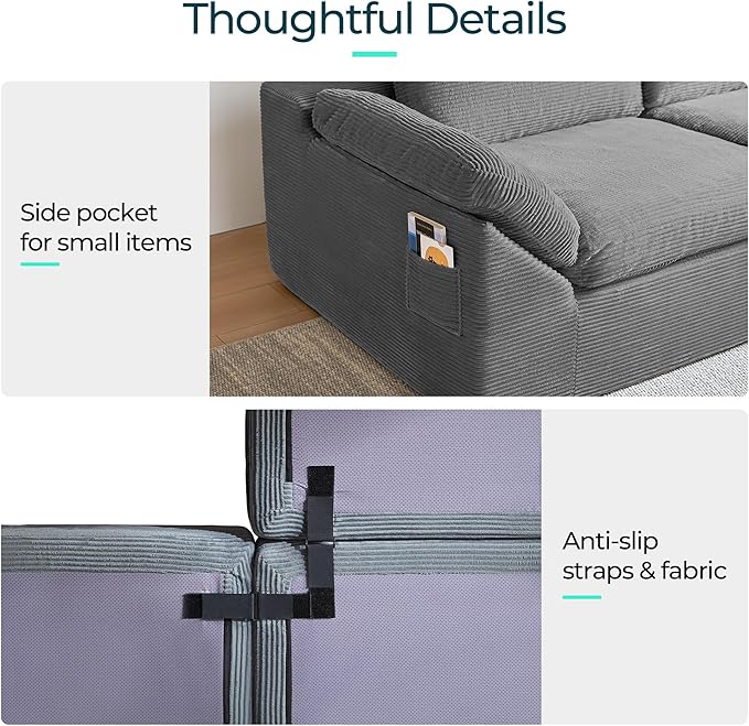 LINSY HOME 139" Modular Couch Modern Boneless Cloud Couch, U Shaped Sofa with Movable Ottomans, Deep Seat Corduroy Sectional Couches for Living Room, Apartment, No Assembly Required, Grey