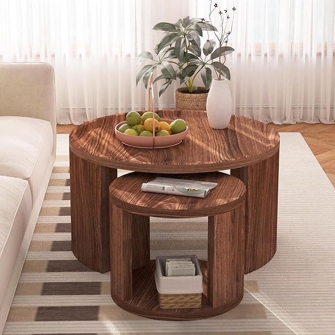 Round Nesting Coffee Table Set of 2, Mid Century Modern Circle Coffee Table, 31.5"&18" Wooden Circle Accent Tables with Wood Top, Minimalist Center Table, Space-Saving Side Table Set for Living Room