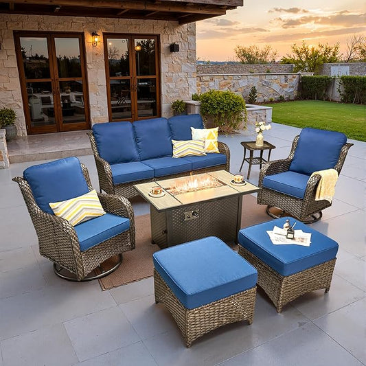 ovios 7-Piece Patio Furniture Set with Swivel Chairs Coffee Table, Outdoor Wicker Sofa with 42" Fire Pit Table, High Back Couch Modern Conversation Sets, Brown/Navy Blue