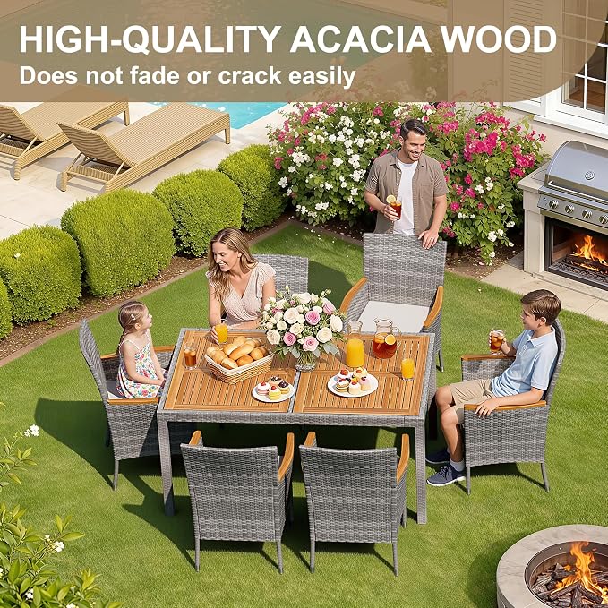 Devoko Dining 7 PCS Furniture, Patio Conversation Set with Acacia Wood Table Top, Outdoor, Beige Cushion and Grey Rattan - Image 3