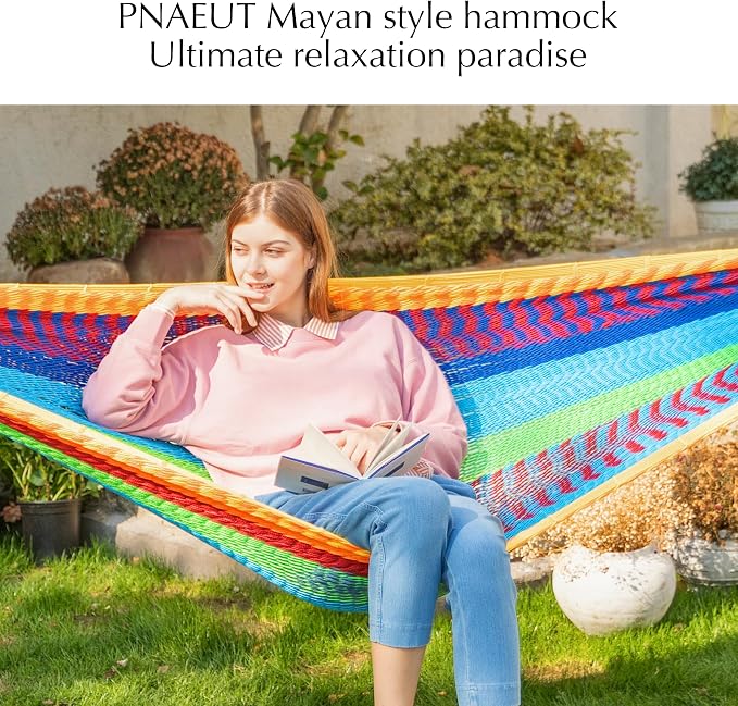 PNAEUT Handwoven Mayan Hammocks for Outside, Handwoven Thick Soft Rope Double Hammocks for Outdoor Indoor, Max 600 lbs Capacity, Tree Straps, Carabiners & Carrying Bag Included (Tropical, X-Large) - Image 3