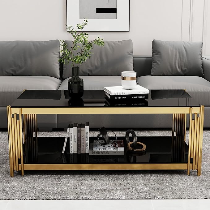 Rectangular Black Glass Coffee Table, 47" Center Table Living Room Table, Gold Stainless Steel Irregular Leg, Double-Layer Structure, Black Glass Desktop, Luxury