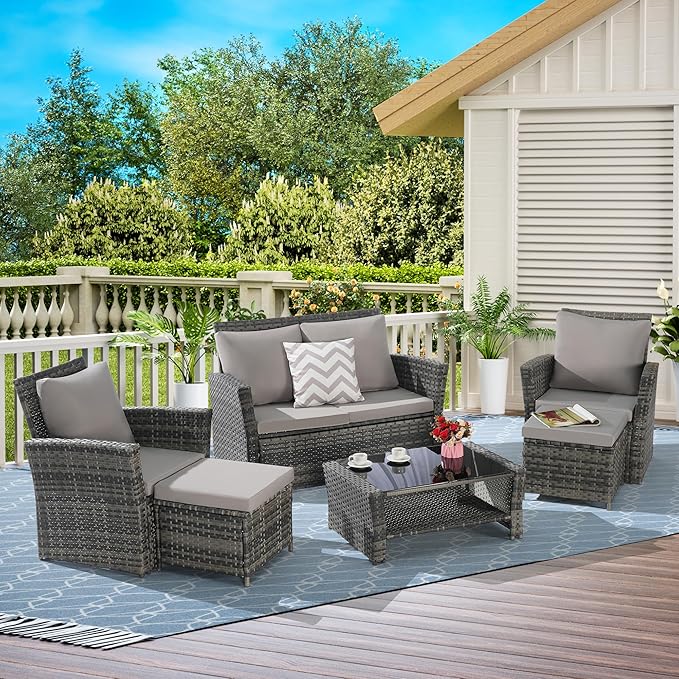 KEIKI 6-Piece Outdoor Patio Furniture Set, Rattan Patio Conversation Set with 2-Seater Sofa, 2 Single Sofa, 2 Ottomans, Coffee Table, PE Wicker Sofa Set, for Garden, Backyard, Lawn, Deck, Light Gray