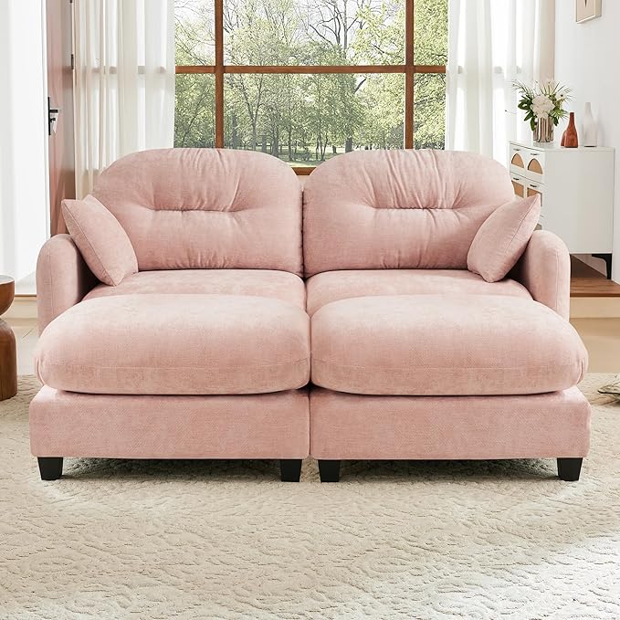 KEIKI 74" Oversized Chenille Modular Sectional Loveseat Sofa with 2 Ottoman, High-Density Foam Cushions, Tufted Pleated Cushion Backrest, Modern 2-Seater Couch with 2 Pillow, for Living Room, Pink