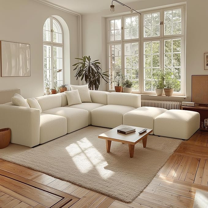 Acanva Convertible Modular Sectional Sofa with Movable Ottomans, Free Combination Corduroy Couch for Living Room Apartments, U-Shaped, White