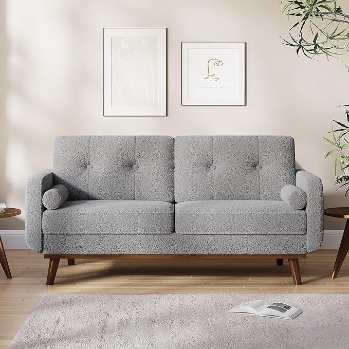 Garvee 65 in Mid Century Modern Loveseat Sofa for Small Spaces, 2 Seater Boucle Upholstered Couch with Button Tufted Design & Wood Legs, Small Couch for Living Room, Bedroom, Office, Apartment, Grey