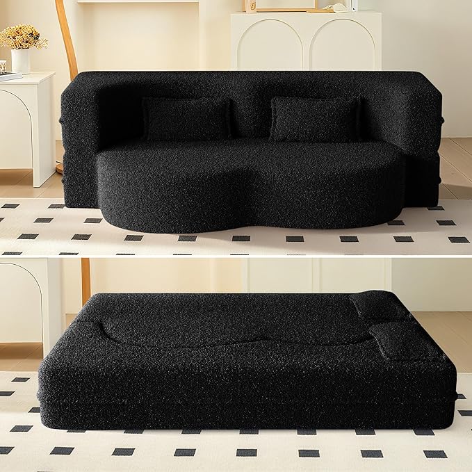 78" Convertible Sofa Bed, 2-in-1 Folding Floor Couch with 2 Pillows, Sleeper Sofa for Living Room and Bedroom, No Assembly Required (Black, Teddy Fabric)