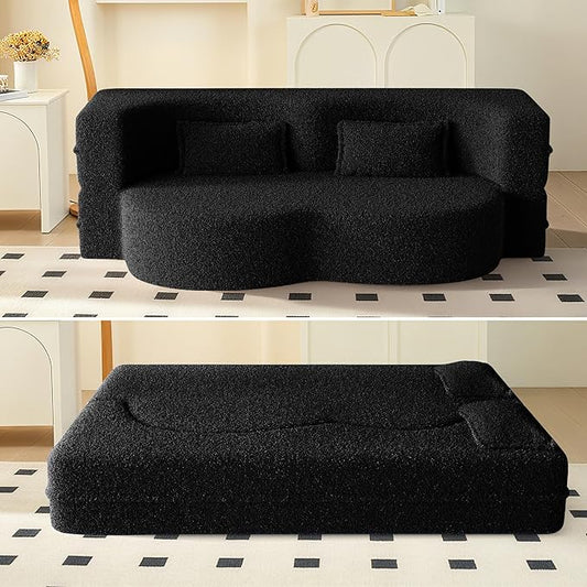 78" Convertible Sofa Bed, 2-in-1 Folding Floor Couch with 2 Pillows, Sleeper Sofa for Living Room and Bedroom, No Assembly Required (Black, Teddy Fabric)