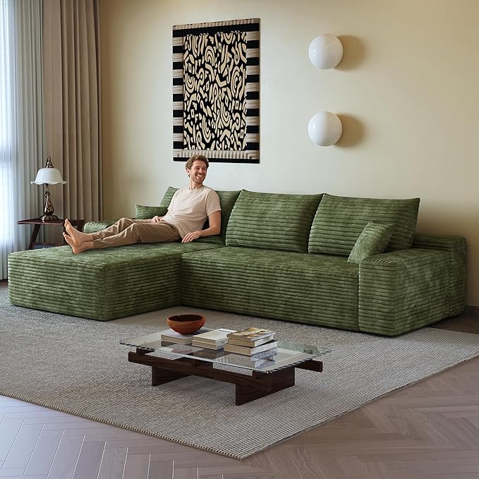 107" Boneless Couch with L Shaped Chaise, Plush Corduroy Sleeper Sectional Sofa, Deep Seat Comfy Couches for Living Room Bedroom, Compressed Foam Cloud Sofas, No Assembly, Left Facing Chaise, Green