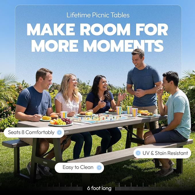 LIFETIME 6-Foot Folding Picnic Table with Benches, Seats 8, Heavy-Duty HDPE Tabletop, Steel Frame, Weather & UV Resistant Outdoor Picnic Table with Umbrella Hole - Image 3