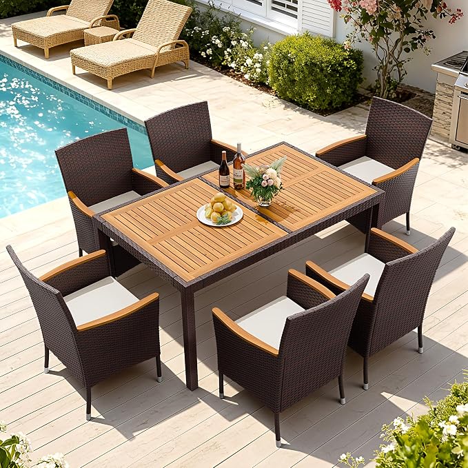 Devoko Dining 7 PCS Furniture, Patio Conversation Set with Acacia Wood Table Top, Outdoor, Beige Cushion and Brown Rattan by DEVOKO