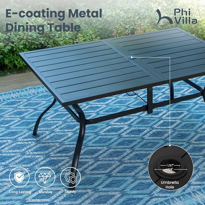 PHI VILLA 7 Piece Outdoor Patio Dining Set, Large Metal Table (1.57'' Umbrella Hole) and 6 Swivel Dining Chairs with Textilene Mesh Fabric, All Weather Patio Furniture Set for Deck Lawn Garden (Blue) - Image 7