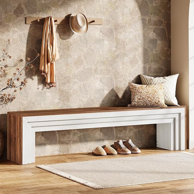 Tribesigns 71" Extra Long Entryway Bench, Modern Farmhouse Shoe Bench Wooden Indoor Seating with Layered Design for Hallway, End of Bed, Living Room, Sofa Back, Dining Room, Rustic Brown & White by Tribesigns