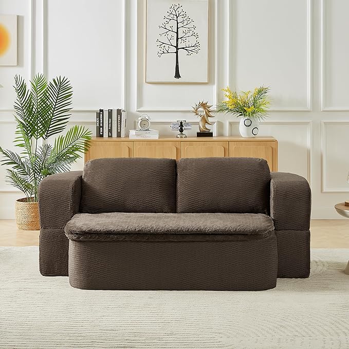 KEIKI 74.8'' Convertible Sleeper Sofa Bed, Modern Folding Futon Couch with Cushion Blanket, Floor Foam Compression Sofa Bed Couch for Living Room, Bedroom, No Assembly Required, Dark Brown