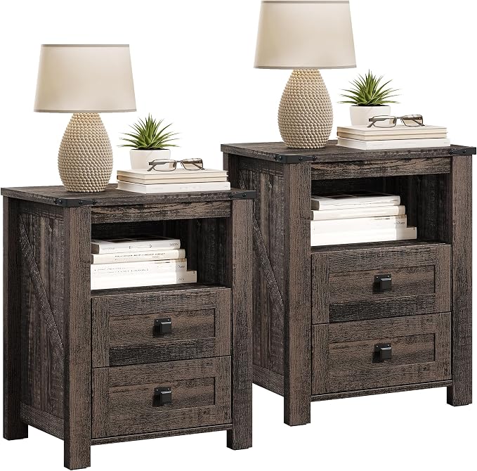 AMERLIFE 18" Farmhouse Nightstand Set of 2, Wooden Bedside Table with 2 Drawers & Open Shelf, Rustic End Table for Bedroom/Living Room, Black Oak - Image 9