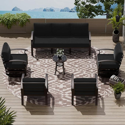 Patio Furniture Set 6-Piece Aluminum Armrest Sofa, All-Weather Patio Conversation Set with Tempered Glass Top Table & Removable Sponge Cushions for Backyard Poolside