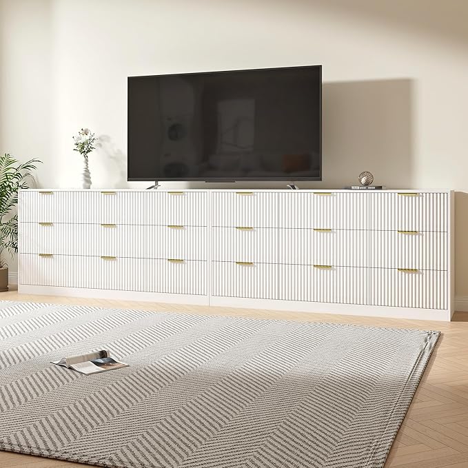 White Dresser Set of 2, Long Dresser for Bedroom Wooden with 18 Drawers, Fluted Modern Bedroom Furniture Set, TV Stand Dressers & Chests of Drawers for Closet (15.7"D x 125.8"W x 31.8"H)