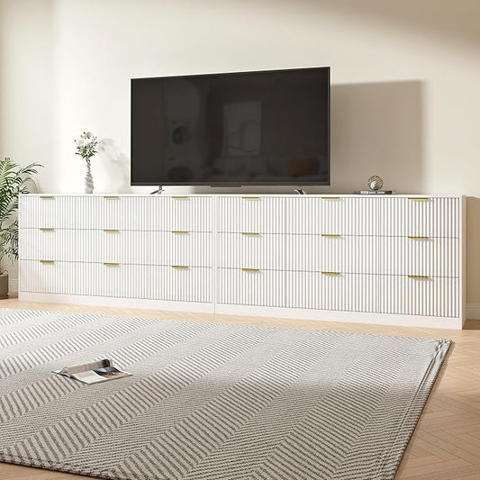 White Dresser Set of 2, Long Dresser for Bedroom Wooden with 18 Drawers, Fluted Modern Bedroom Furniture Set, TV Stand Dressers & Chests of Drawers for Closet (15.7"D x 125.8"W x 31.8"H)