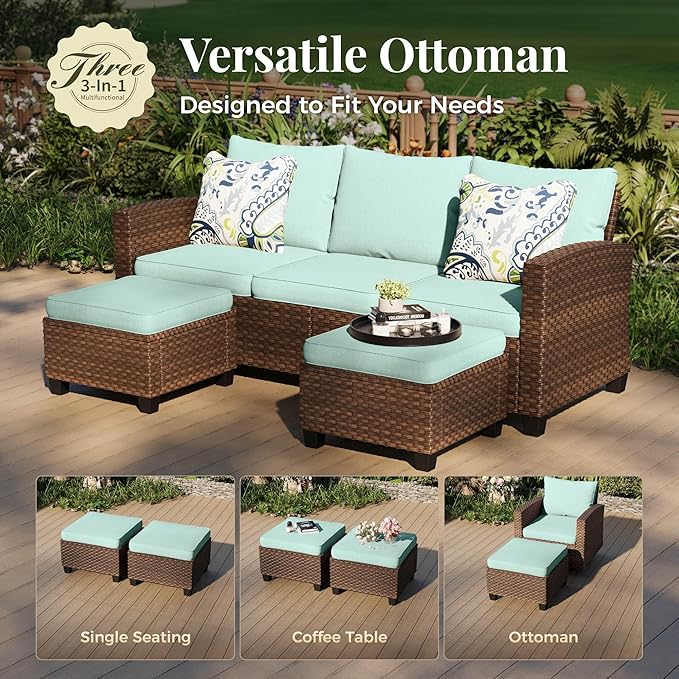 Patio Furniture Set, 7 Pcs Wicker Rattan Outdoor Conversation Set, 2 x Leg Chairs, 1 x 3 Seater Sofa, 1 x 2-Seat Lover Sofa and 2 x Ottomans with 4" Thick Cushion and 56" Fire Pit Table, Blue