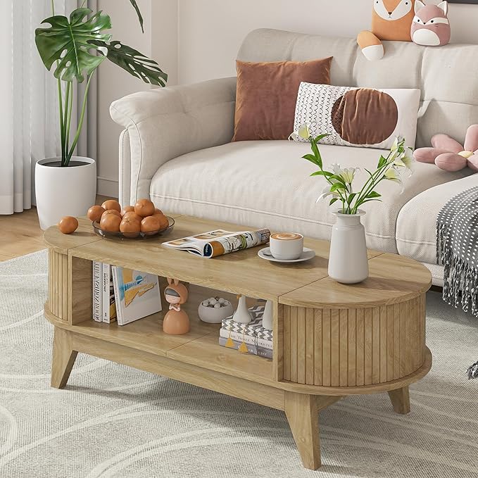 Coffee Table with 2 Hidden Storage,Mid Century Modern Coffee Table with Fluted Finish,Wood Center Tables Oval Coffee Tables with Flip-Top Lids for Living Room Home Office (Oak)