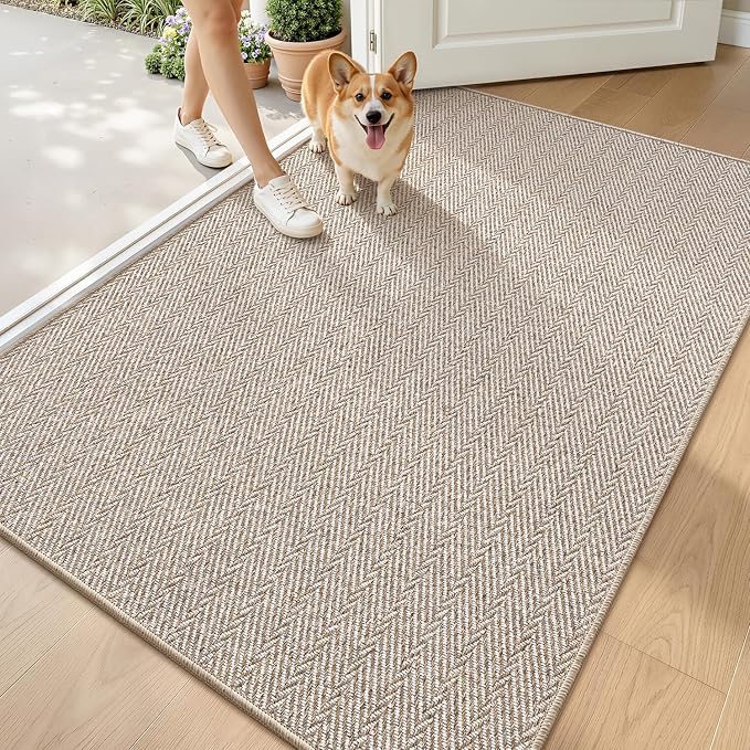 LUMI Ultra Thin Indoor Door Mat for Entrance 48"x72", Non Slip Entryway Mat, Low Profile Doormat, Unique Herringbone Design Carpet for Inside, Patio, Porch, Beige by LUMI