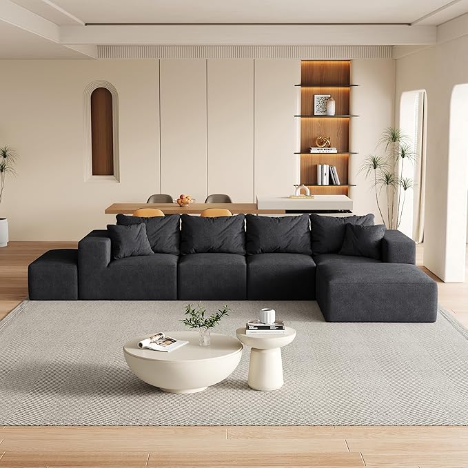 KEIKI 132" Boneless Sofa with Ottoman, L Shaped Corner Couch, Upholstered Corduroy Free Combination Sectional Couch for Living Room, Bedroom, Black