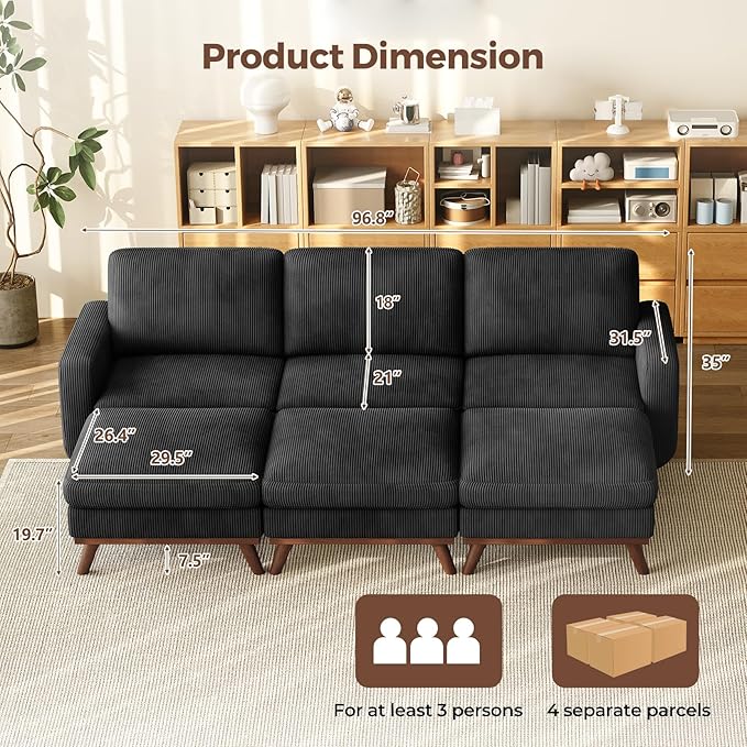 Vesgantti 97" Modular Sectional Sofa Black, Sectional Couch with Movable Ottoman, Comfy Corduroy Couch with Spring Cushion, Modular Sofa with Deep Seat for Living Room, Bedroom and Apartment