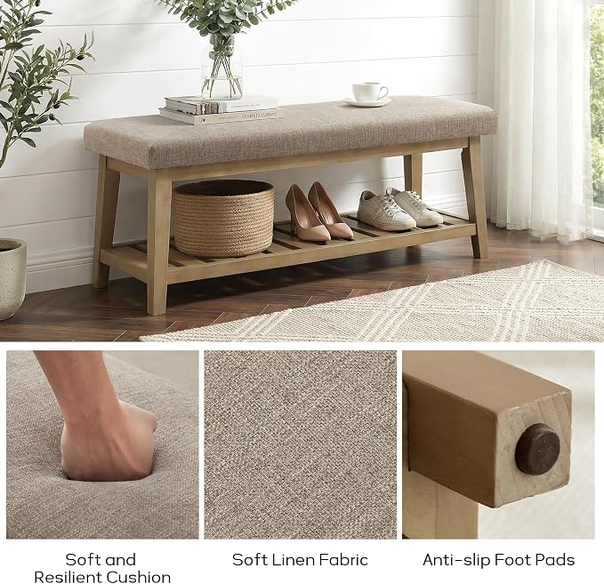 Entryway Bench with Cushion, Upholstered Shoe Rack Bench with Solid Wood Shelf, 44" End of Bed Bench for Bedroom, Chenille Fabric Storage Bench for Entryway, Hallway, Living Room (Brown) - Image 9