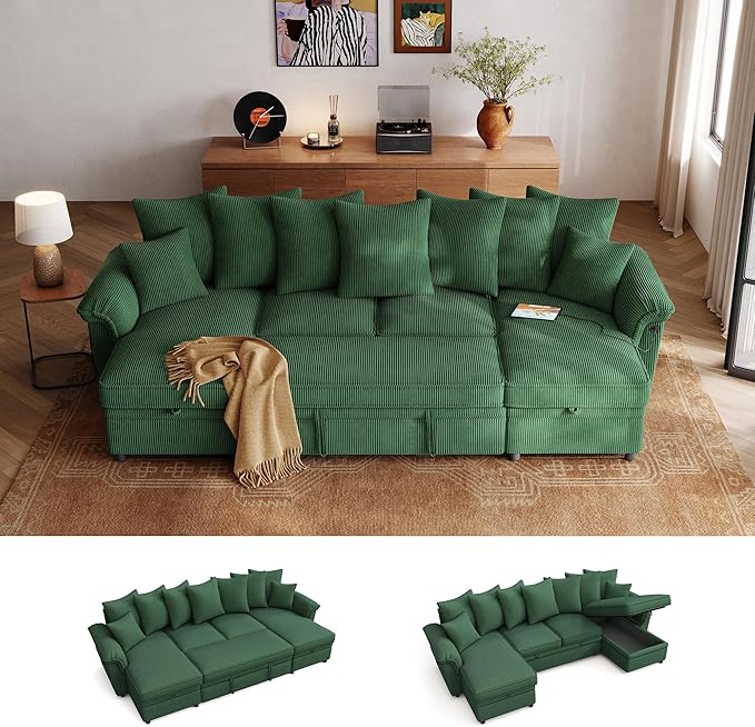 LINSY HOME Oversized Sectional Sleeper Sofa with Pull Out Couch Bed (Green, 118.5'') | USB Charging, Pillow-style Armrest, Multiple Cushions, Storage Chaise, Corduroy Fabric