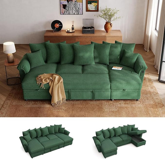 LINSY HOME Oversized Sectional Sleeper Sofa with Pull Out Couch Bed (Green, 118.5'') | USB Charging, Pillow-style Armrest, Multiple Cushions, Storage Chaise, Corduroy Fabric