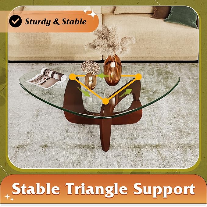 WLIVE Coffee Table, Small Glass Coffee Table with Solid Wood Legs, 36" Mid Century Triangle Living Room Tables, Modern Center Table for Living Room, Reception, Office, Espresso
