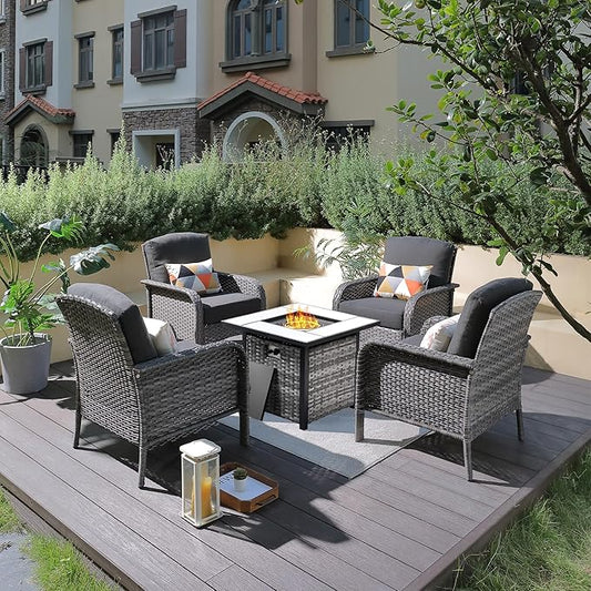 ovios 5-Piece Patio Furniture Set, Outdoor Wicker Sofa with Chairs Fire Pit Table, High Back Rattan Chair with Comfy Cushions for Porch Yard Deck, Black