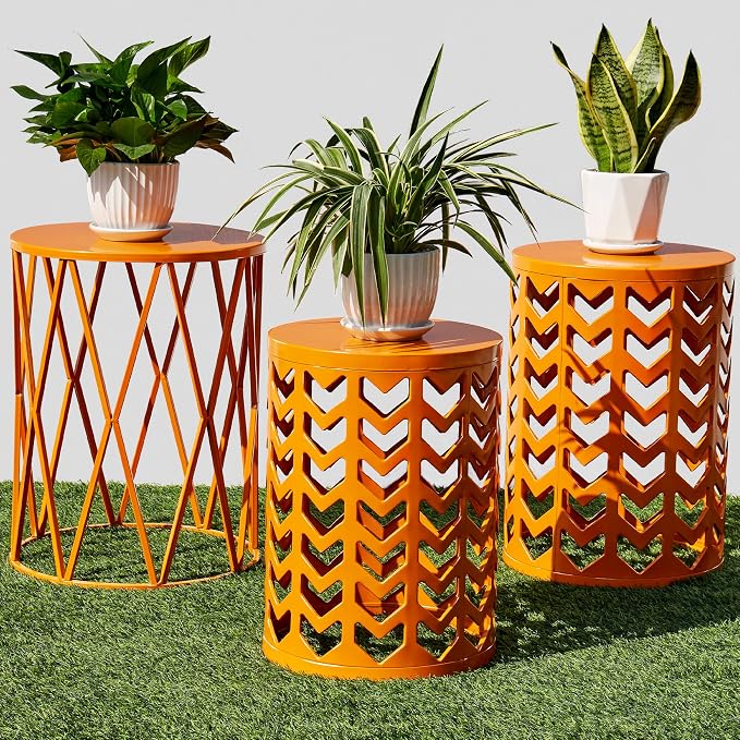 Y&M Set of 3 Metal Round Table, Coffee Table End Table for Indoor Outdoor Multifunctional Use, Heavy Duty Metal Plant Stand Decorative Garden Stool- Orange by YM
