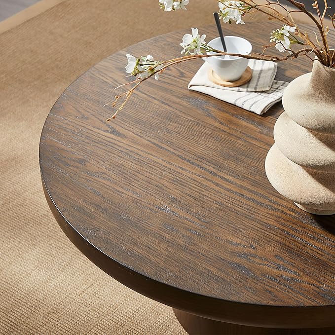35.98'' Round Coffee Table Wood Pedestal Coffee Tables for Living Room, Modern Rustic Table Circle Easy Assembly, Dark Brown-ø35.98''