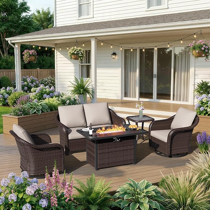 5 Piece Patio Wicker Conversation Set, All-Weather Use Outdoor Wicker Loveseat with 2 PE Rattan Ottomans,2 Swivel Chair, 1 Side Table, Ideal for Porch, Backyard, Balcony, Poolside, Beige