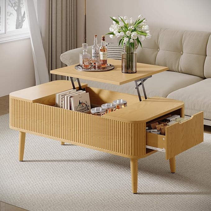 47.2” Modern Coffee Table Wooden Fluted Lift Top Coffee Table with Hidden Compartment, Mid Century Modern Rectangle Center Tables with Lifting Tabletop & 2 Storage Drawers for Home Living Room Natural