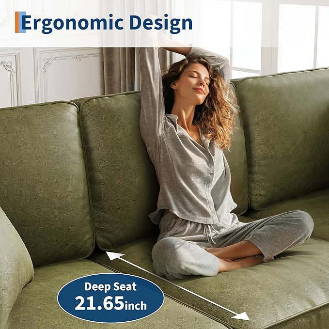 3-Seater Sofa Couch with 2 Throw Pillows, 85 Inches Faux Leather Couch with Wide Armrests, Deep Seats, Wood Legs, Back Cushion, Sturdy Support Feet, Couches for Living Room, Office, Olive Green