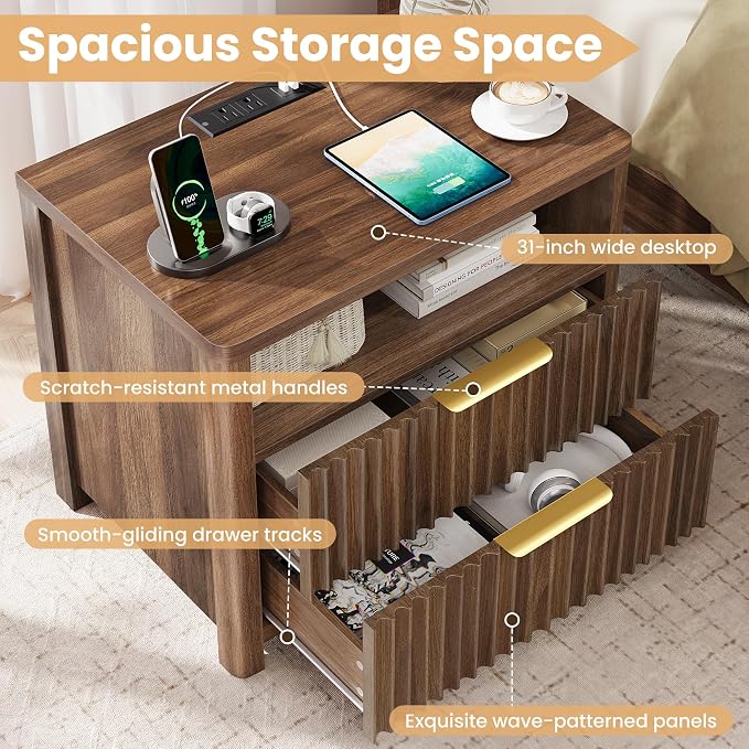 CypBed 23.8" Wide Fluted NightStand Set of 2 with Charging Station, Bedside Tables with 2 Drawers & Storage Shelf, Wood Nightstand with Rounded Corner, Modern End Table for Bedroom, Easy Assembly - Image 5