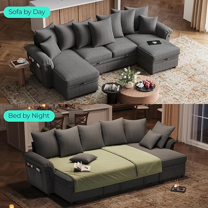LINSY HOME Oversized Sectional Sleeper Sofa with Pull Out Couch Bed (Gray, 118.5'') | USB Charging, Pillow-style Armrest, Multiple Cushions, Storage Chaise, Corduroy Fabric