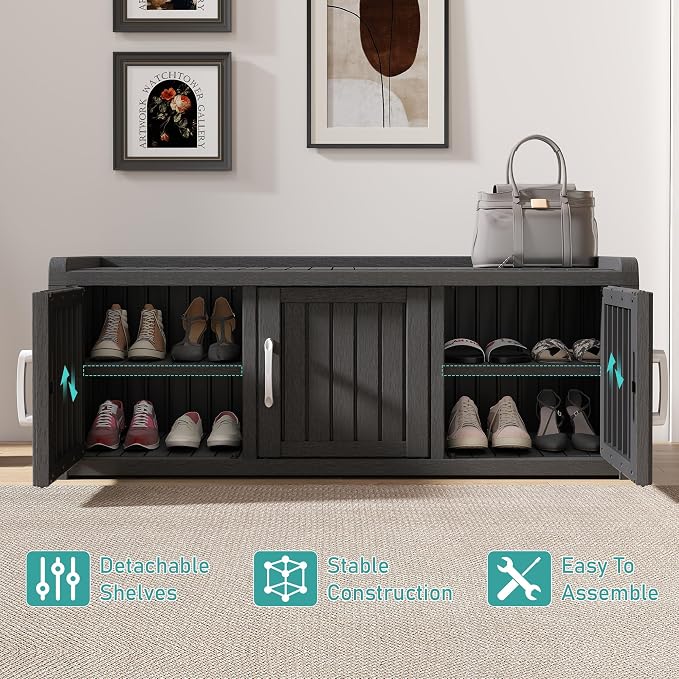 2-Tier Storage Bench, Waterproof UV-Resistant Outdoor Shoe Storage Cabinet with 3 Doors & Adjustable Shelves for Indoor Outdoor Entryway, Hallway, Living Room (Black) - Image 5
